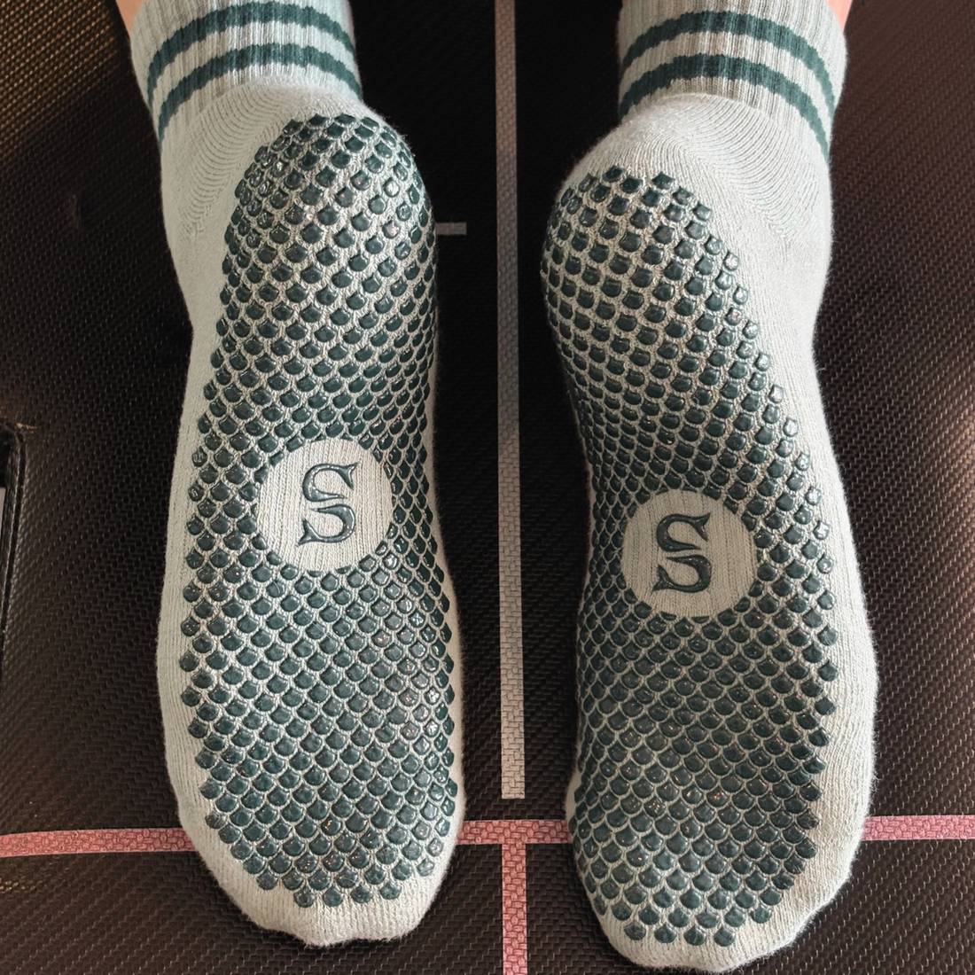 SIREN Seafoam Grip Sock by SOLEMETHOD, product shot of the seafoam green Pilates grip sock.