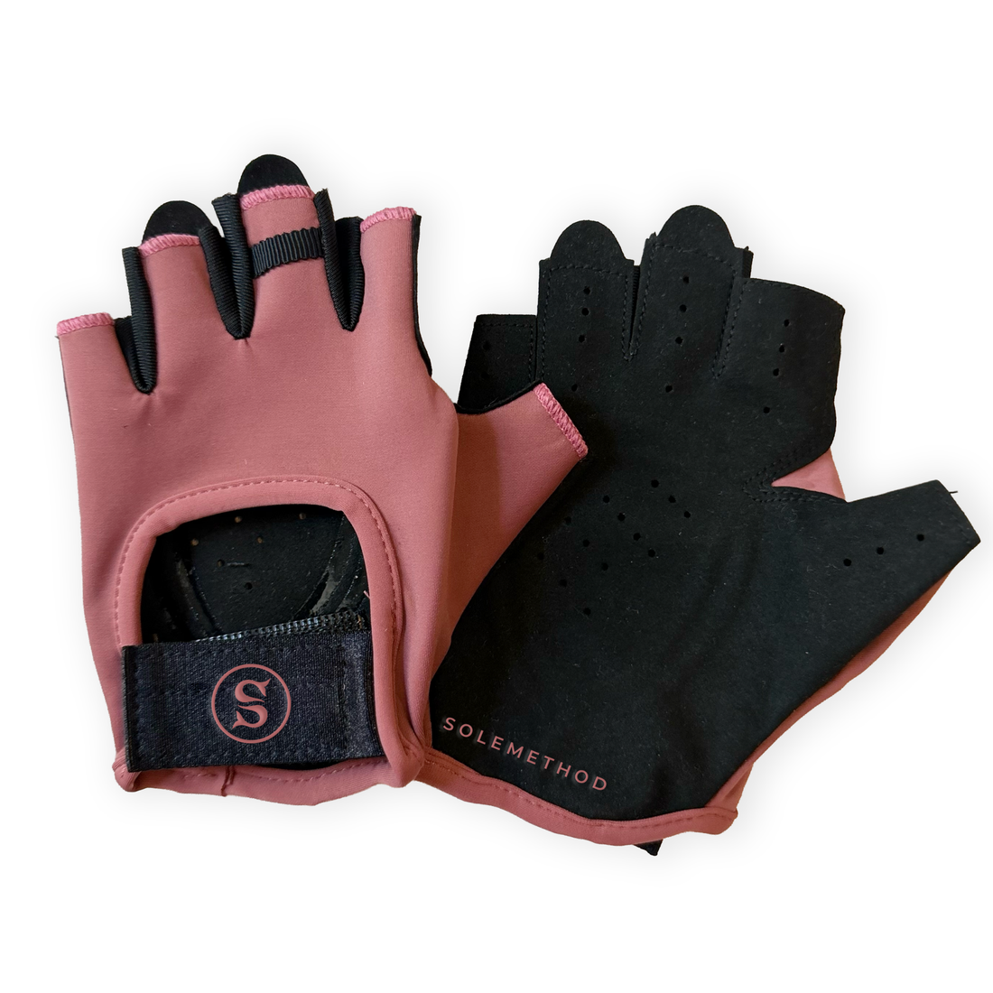 SIREN Grip Gloves in Crimson, a dusty rose-mauve fingerless glove with black palm and fingertips and a black wrist strap featuring the circular SOLEMETHOD S logo.