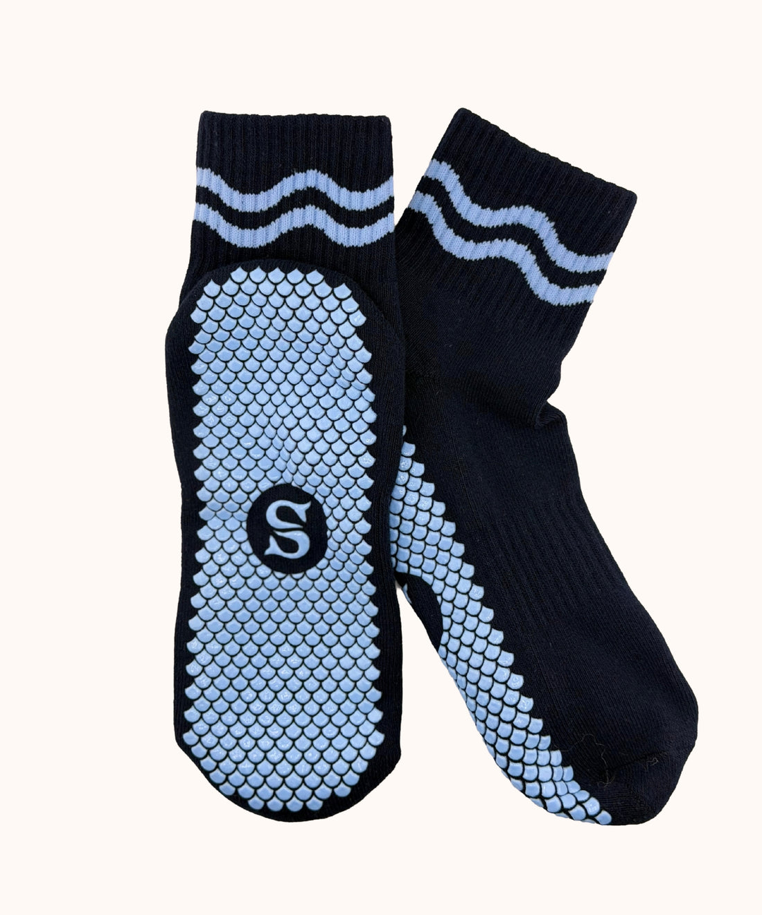 SIREN Wave Mini Crew Grip Socks in Midnight Waves, a pair laid flat, showing the Mermaid Sole™ grip. 